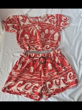 C&C California Tropical Linen Blend Two Piece Set Crop Top High Rise Shorts S